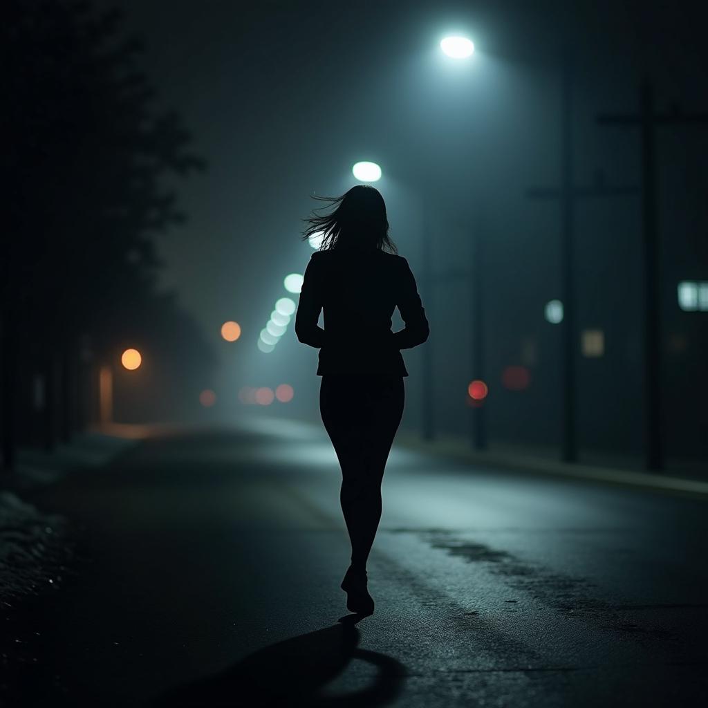 Silhouette of a thin woman running at night under dim street lights, showcasing the empty streets and cold vibe.undefined