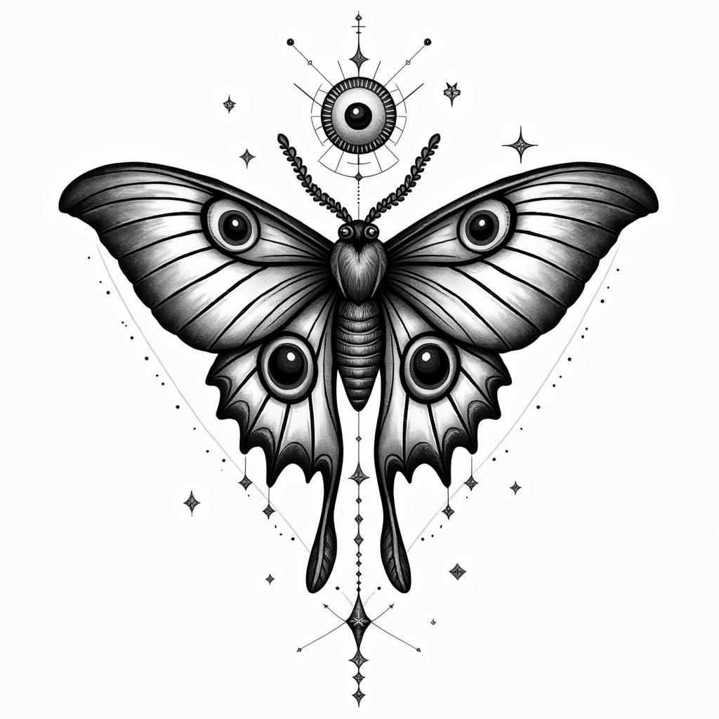 Luna moth with infinity symbol in the middlein prophecy tattoo style, featuring mystical symbols, celestial imagery like stars, moons, suns, geometric patterns, foretelling elements, an eye of wisdom - Variation 2