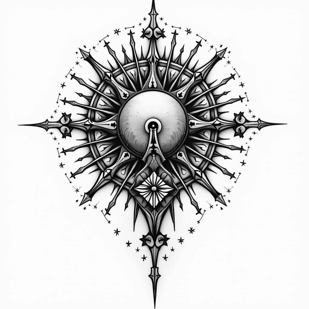 Krebs family friendsin prophecy tattoo style, featuring mystical symbols, celestial imagery like stars, moons, suns, geometric patterns, foretelling elements, an eye of wisdom - Variation 3