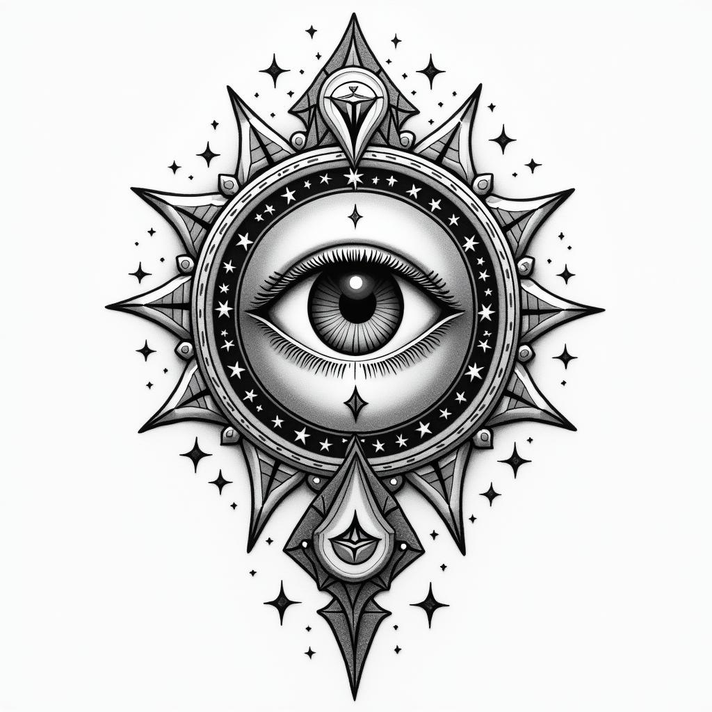 Krebs family friendsin prophecy tattoo style, featuring mystical symbols, celestial imagery like stars, moons, suns, geometric patterns, foretelling elements, an eye of wisdom