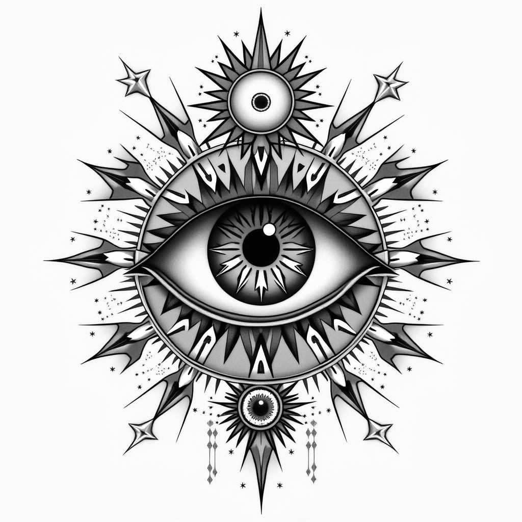 Krebs family friendsin prophecy tattoo style, featuring mystical symbols, celestial imagery like stars, moons, suns, geometric patterns, foretelling elements, an eye of wisdom - Variation 4