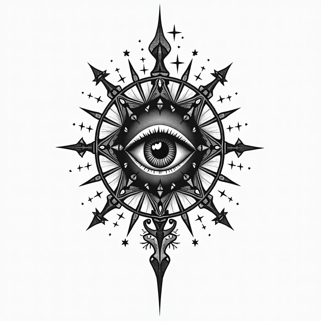 Krebs family friendsin prophecy tattoo style, featuring mystical symbols, celestial imagery like stars, moons, suns, geometric patterns, foretelling elements, an eye of wisdom - Variation 2