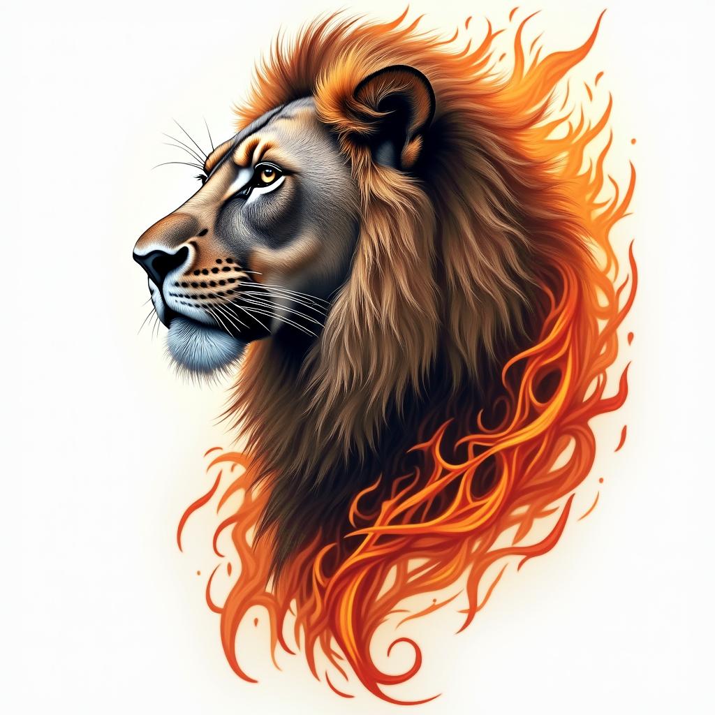Natalia, lion, Colombiain flame tattoo style showcasing fiery elements with dynamic flame patterns, glowing effect of flames, natural colors