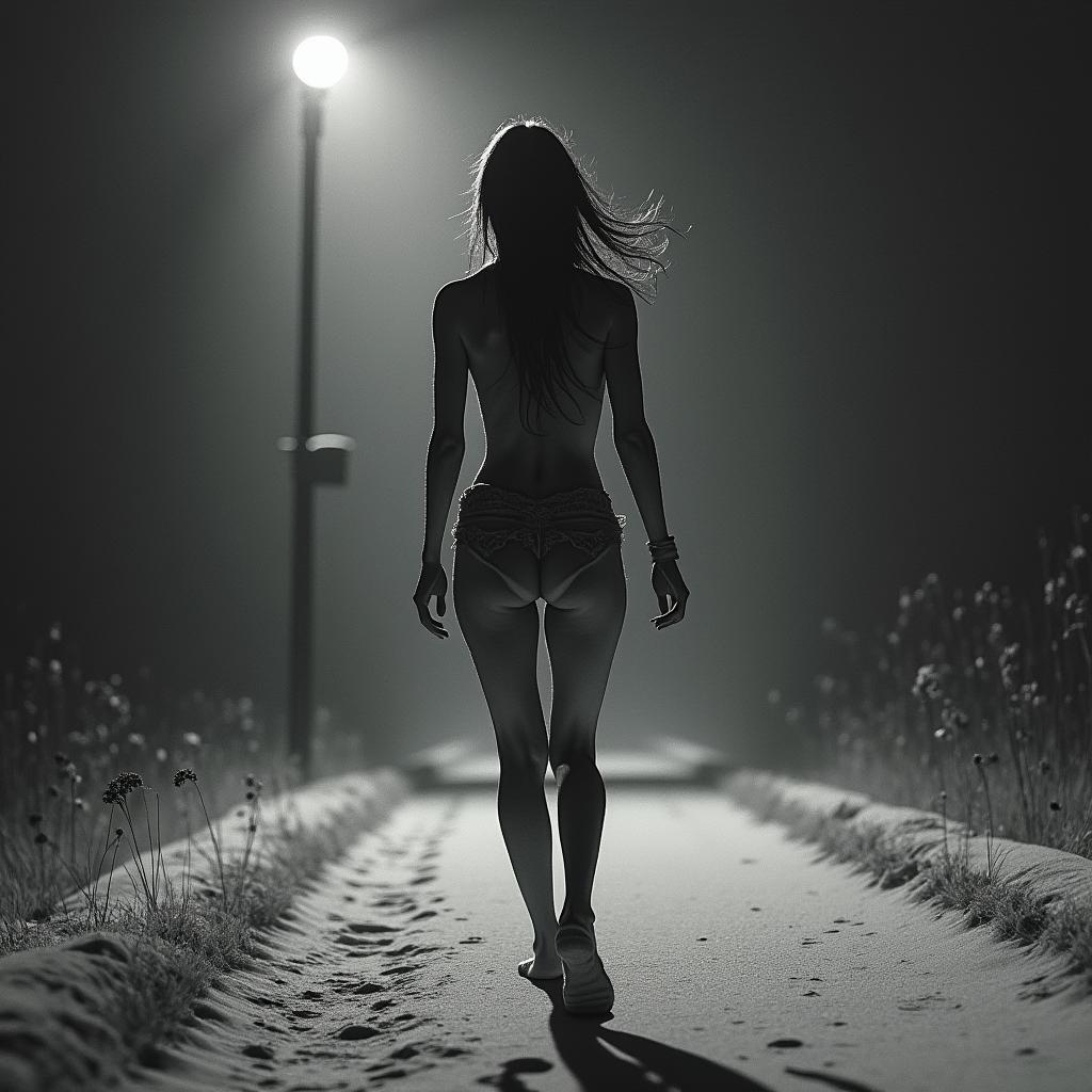 A tattoo design featuring an anorexic woman running under a street light, in a cold atmosphere, viewed from the side, capturing the eerie beauty of the night, intricate details and shadows emphasizing her form.undefined