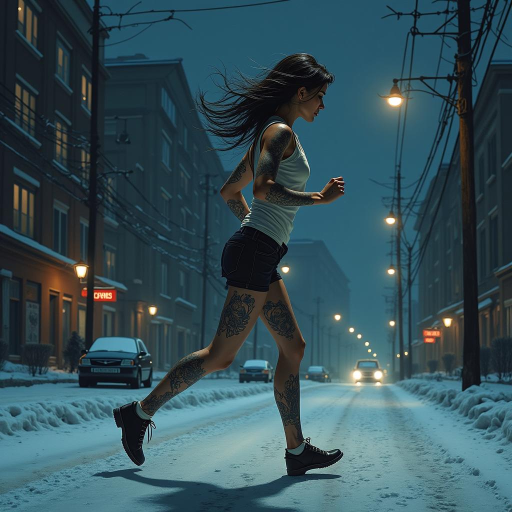 An artistic tattoo interpretation of an anorexic woman running at night, side angle view, with elements of cold urban scenery, showcasing the haunting beauty of the night.undefined