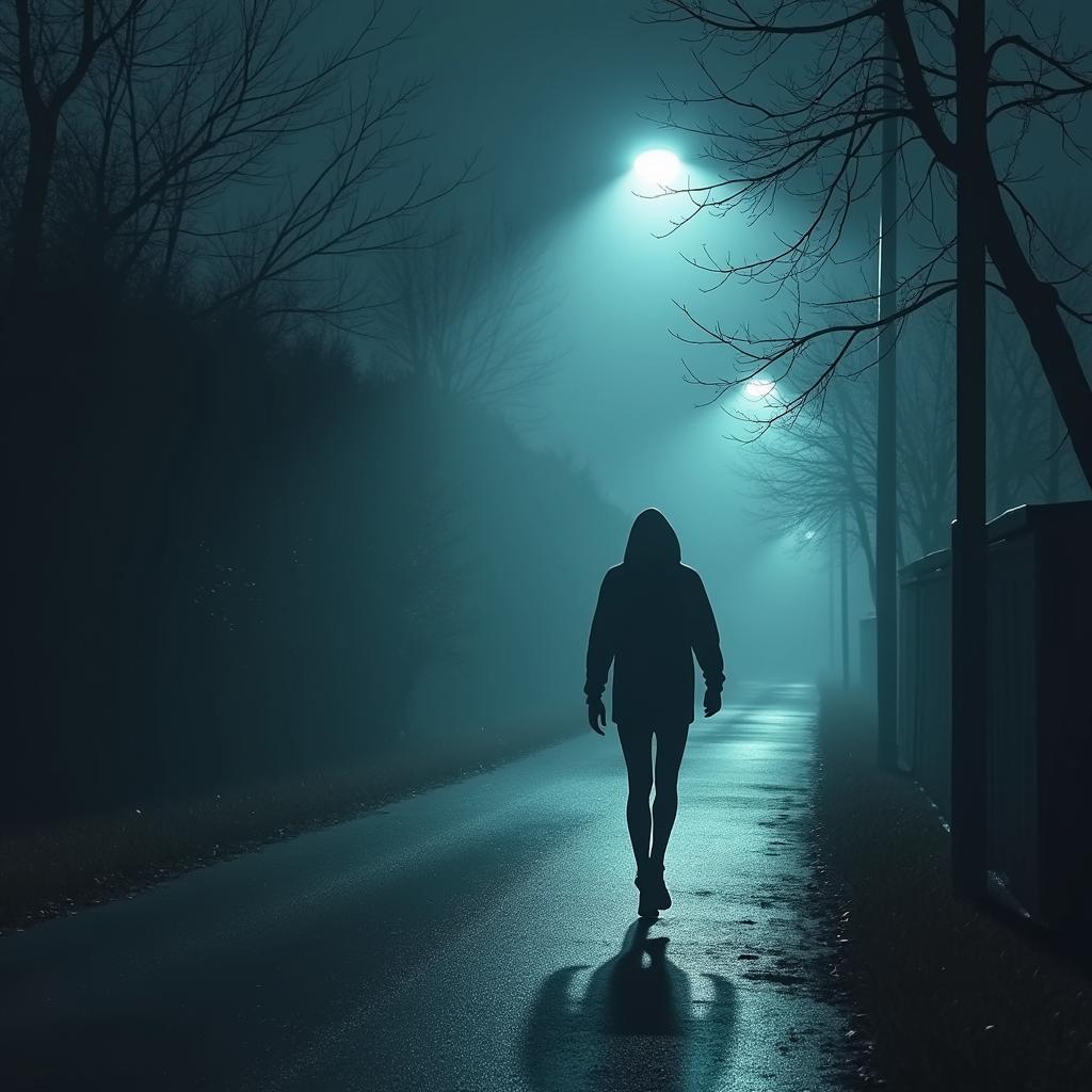 Tattoo concept of a slender figure running under a street lamp, viewed from the side, with an ethereal night background and cold colors, creating an eerie yet beautiful effect.undefined