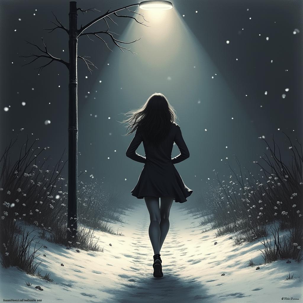 Side view tattoo design of a woman running at night under a street light, highlighting the cold, eerie beauty of the atmosphere while incorporating delicate linework.undefined