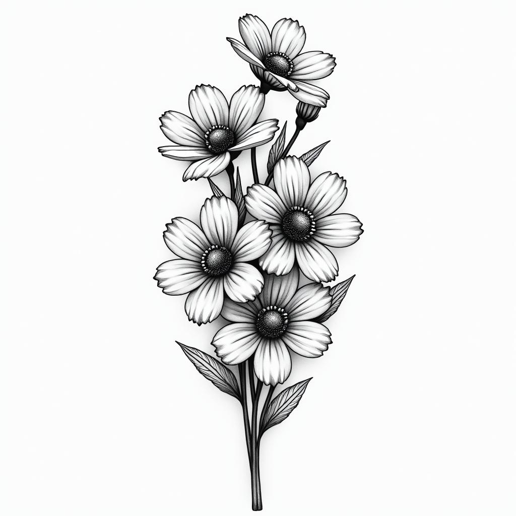 January birth flower, March birth flower, August birth flower, & forget me not flowers in bouquet tattoo black and whitein bohemian style tattoo, 8k