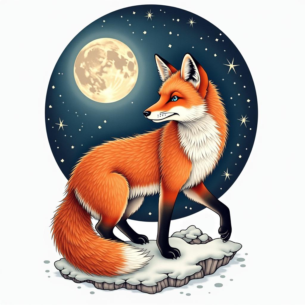 A fox in a snowy landscape under the full moon. In its eyes, there are the constellations of Capricorn and Sagittarius.in japanese style tattoo, detailed tattoo, traditional japanese culture tattoo, mythology, 8k