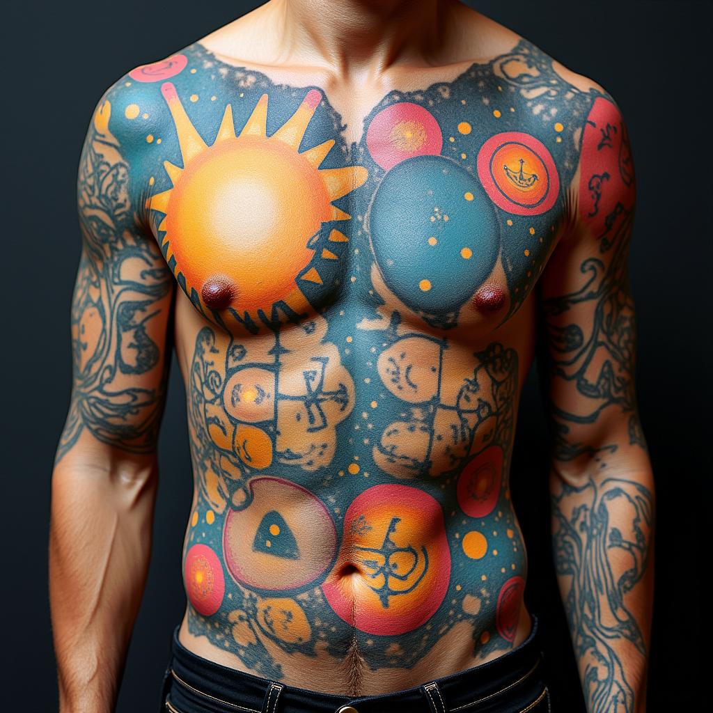 Family, time, cosmicin pop art style tattoo, featuring bold and vibrant colors, exaggerated outlines, iconic imagery, inspired by comic books and speech bubbles, comic book characters, retro pop culture - Variation 4