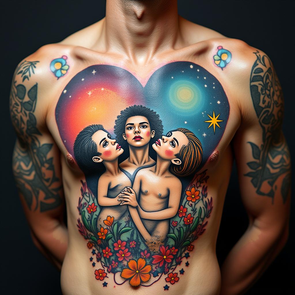 Family, time, cosmicin pop art style tattoo, featuring bold and vibrant colors, exaggerated outlines, iconic imagery, inspired by comic books and speech bubbles, comic book characters, retro pop culture - Variation 3