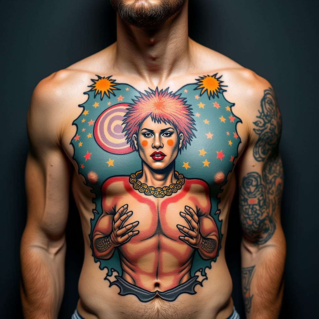 Family, time, cosmicin pop art style tattoo, featuring bold and vibrant colors, exaggerated outlines, iconic imagery, inspired by comic books and speech bubbles, comic book characters, retro pop culture - Variation 2