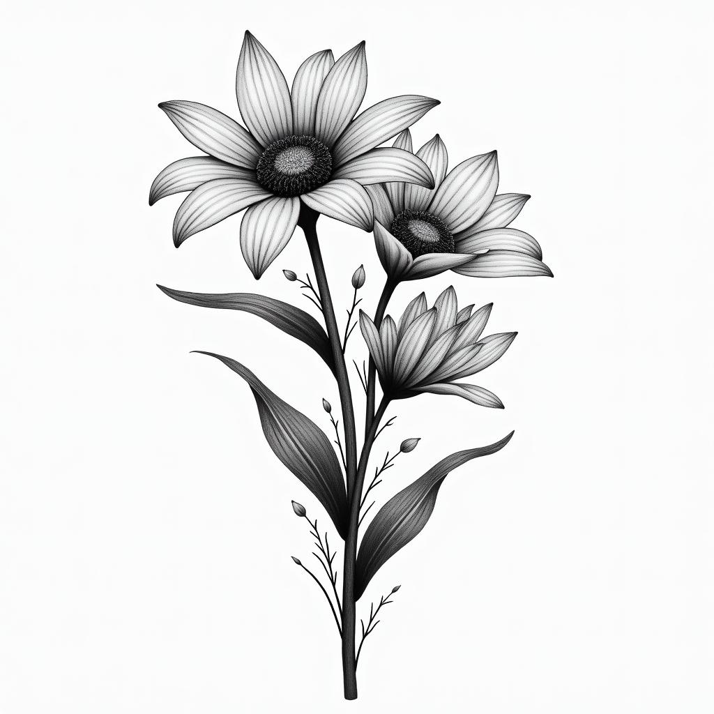 Daisy, water lily, lily of the valley mixed togetherhigly detailed tattoo - Variation 4
