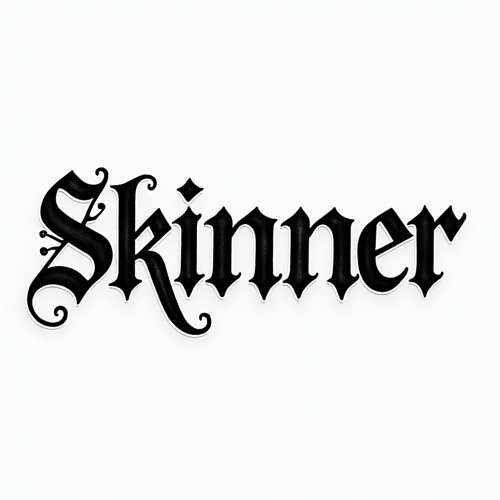 The name skinnerback in gothic texttext-based tattoo, gothic font ultra-realistic, perfectly placed, high-quality font design, photo-realistic shading, 8k, high quality, finely detailed typography - Variation 2