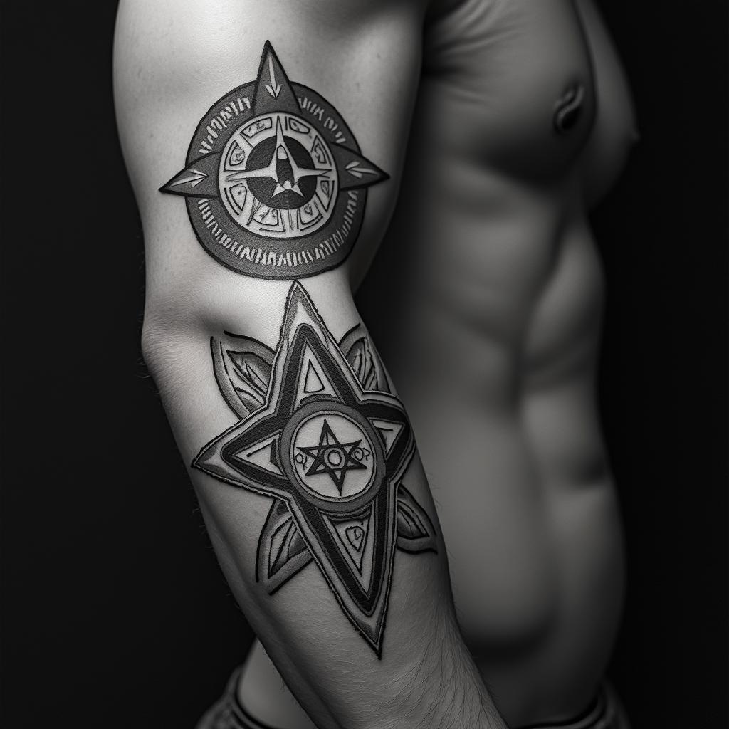 Statue self made manin paganic style tattoo, featuring ancient symbols, add vegvisir symbol, mystical figures, incorporating designs, pentagrams, runes, crescent moons,