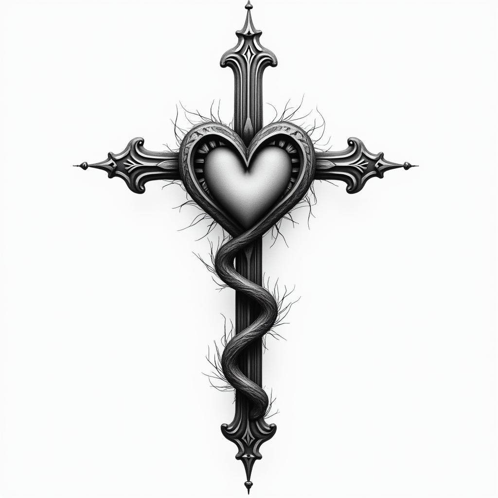 Do a detailed cross connected to a heartbeat linehigly detailed tattoo