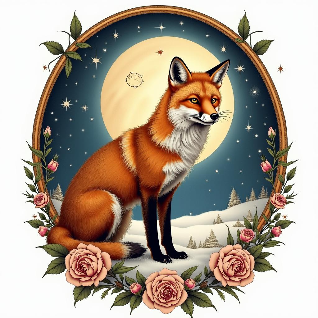 A fox in a snowy landscape under the full moon. In its eyes, there are the constellations of Capricorn and Sagittarius.in victorian style tattoo, featuring vintage and elegant elements, ornate frames, roses, antique, sepia-toned color scheme