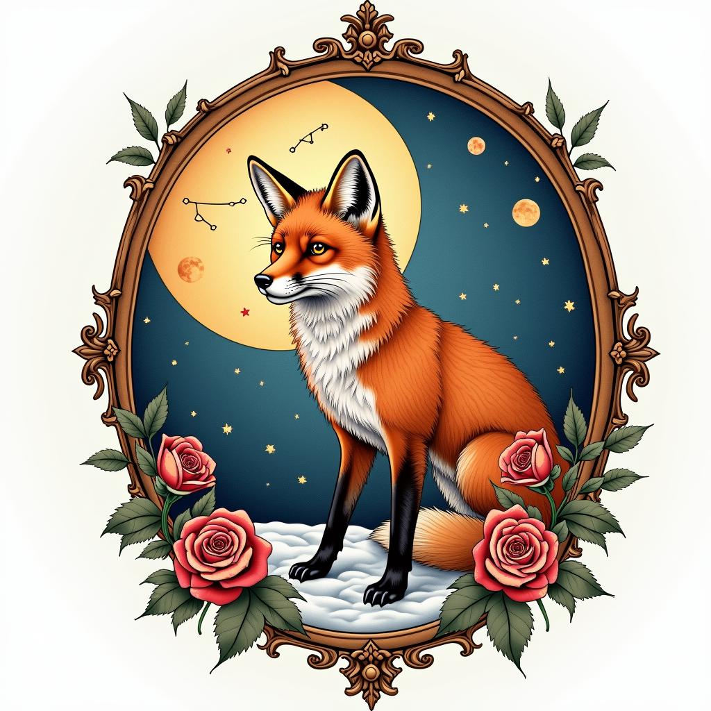 A fox in a snowy landscape under the full moon. In its eyes, there are the constellations of Capricorn and Sagittarius.in victorian style tattoo, featuring vintage and elegant elements, ornate frames, roses, antique, sepia-toned color scheme - Variation 2