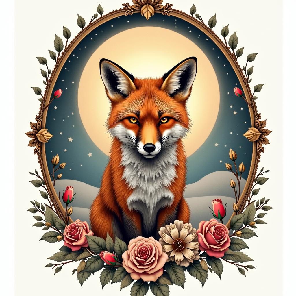 A fox in a snowy landscape under the full moon. In its eyes, there are the constellations of Capricorn and Sagittarius.in victorian style tattoo, featuring vintage and elegant elements, ornate frames, roses, antique, sepia-toned color scheme - Variation 7