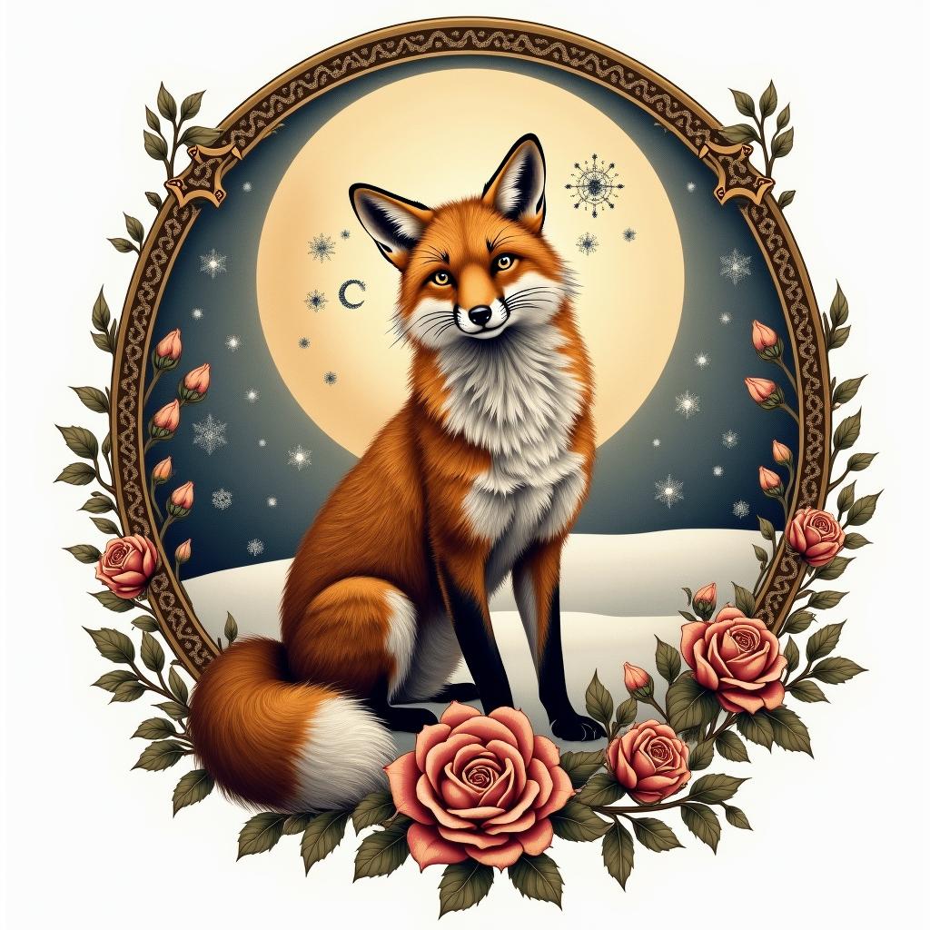 A fox in a snowy landscape under the full moon. In its eyes, there are the constellations of Capricorn and Sagittarius.in victorian style tattoo, featuring vintage and elegant elements, ornate frames, roses, antique, sepia-toned color scheme - Variation 6