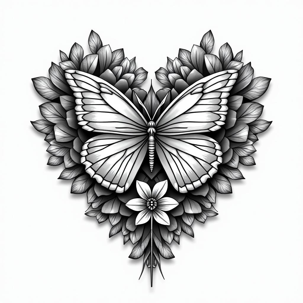 Flowers butterflies hearts in geometric style tattoo, blending hexagons, mandala-inspired patterns, symmetrical and fractal design, clean lines, sharp angles