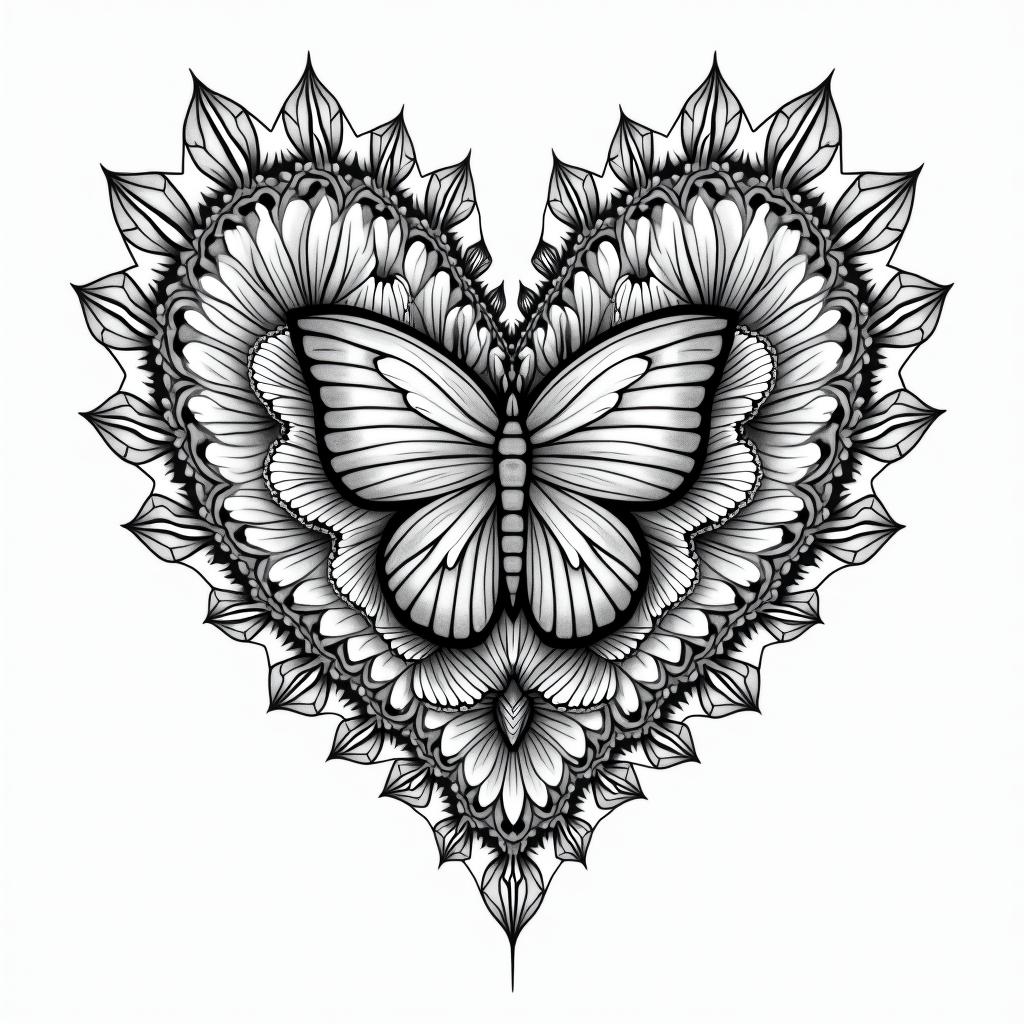 Flowers butterflies hearts in geometric style tattoo, blending hexagons, mandala-inspired patterns, symmetrical and fractal design, clean lines, sharp angles - Variation 4