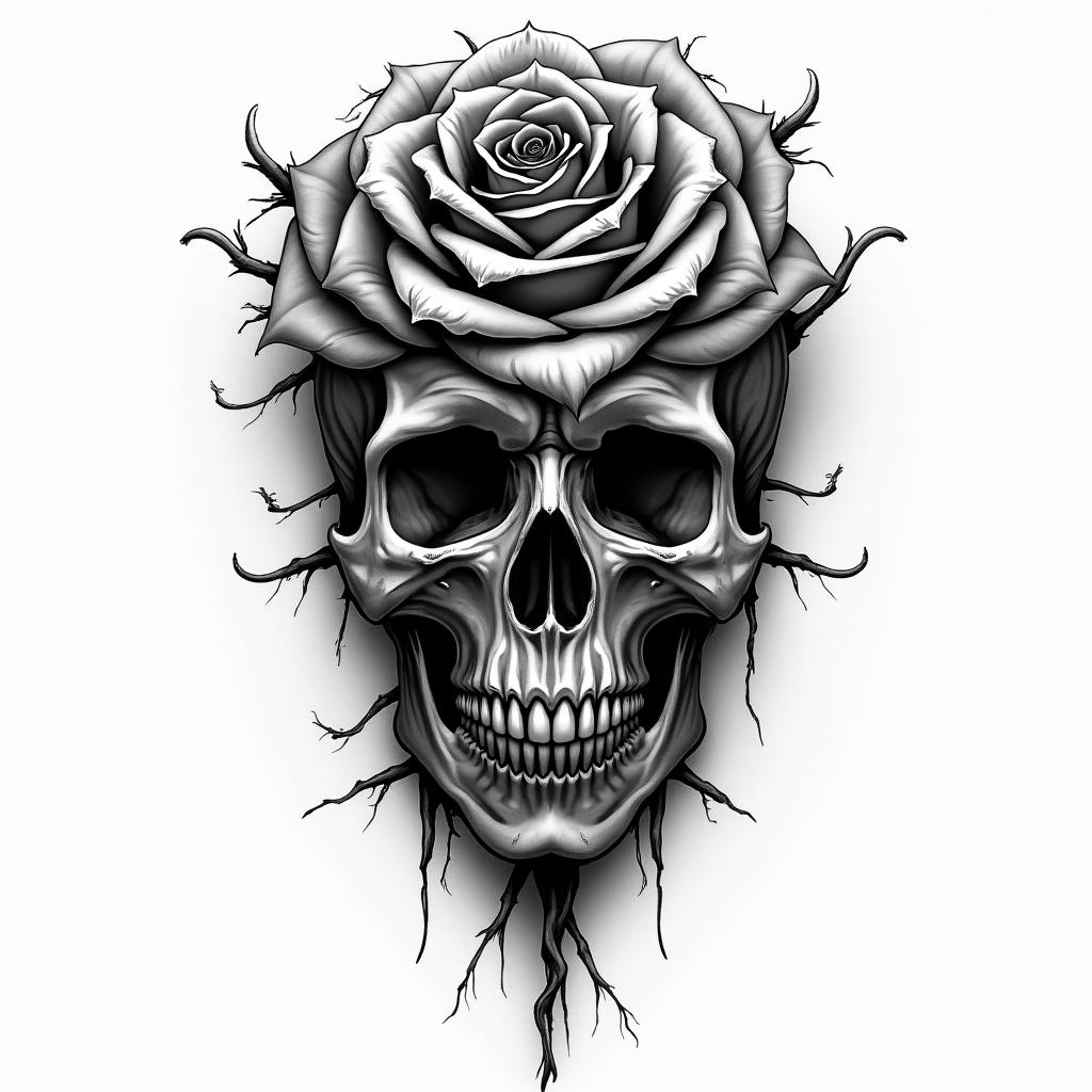 NO bad vibes with rose in horror tattoo style, showcasing haunting and unsettling, dark and gritty textures with skulls, eerie faces, jgged designs, bold and intense shading - Variation 3