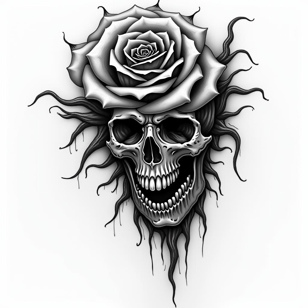 NO bad vibes with rose in horror tattoo style, showcasing haunting and unsettling, dark and gritty textures with skulls, eerie faces, jgged designs, bold and intense shading - Variation 2