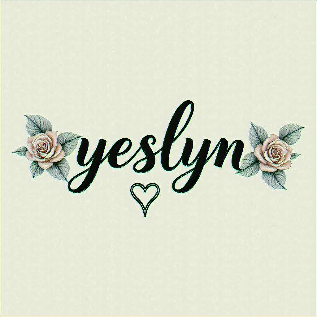 Name: yeslynin elegant cursive calligraphy style 2d tattoo, decorate with roses, featuring a smooth and flowing handwritten script with slightly thickened strokes for a luxurious and bold appearance,  heart symbol between names,  sleek and glossy black text with shadowing, minimalist matte white background, clean and sharp edges, illuminated with soft lighting, romantic, 8k, high-quality textures with refined typography - Variation 4