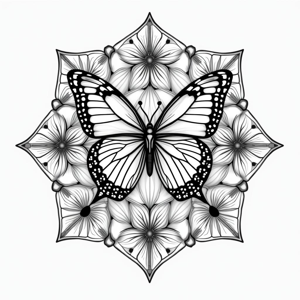 Flowers butterflies hearts in geometric style tattoo, blending hexagons, mandala-inspired patterns, symmetrical and fractal design, clean lines, sharp angles - Variation 8