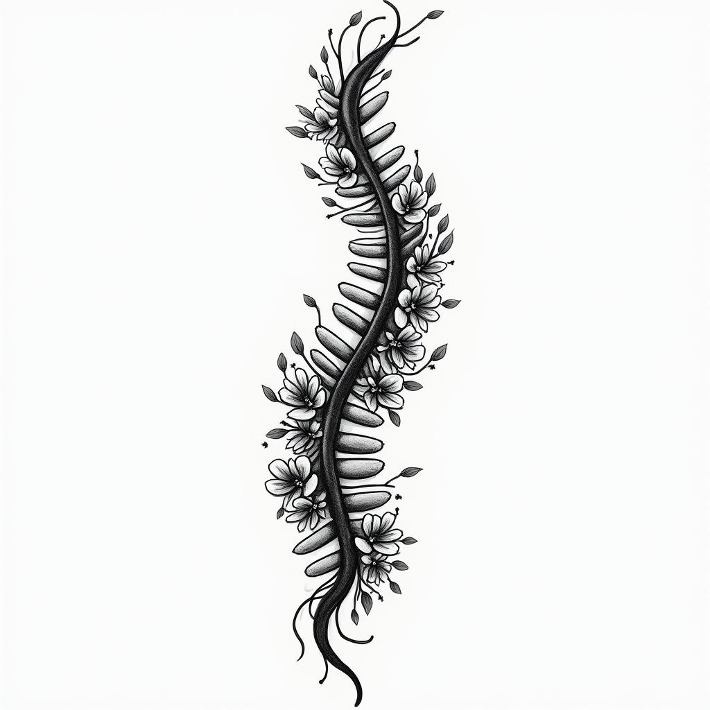 Spine tattoo with flowers and a texthigly detailed tattoo