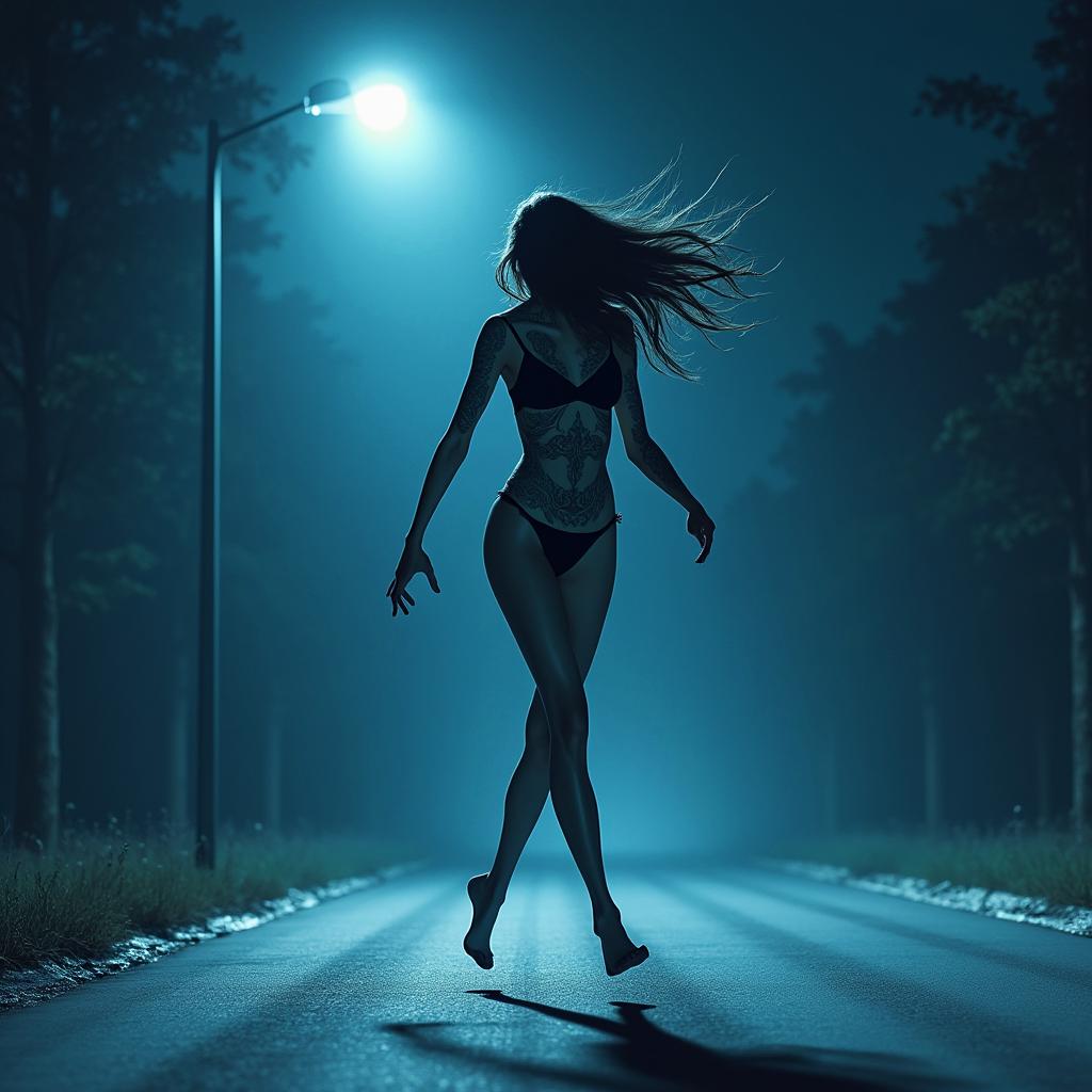 Tattoo design of an extremely slender woman running at night under a street light, viewed from the side, highlighting her eerie beauty against cold blue tones.undefined