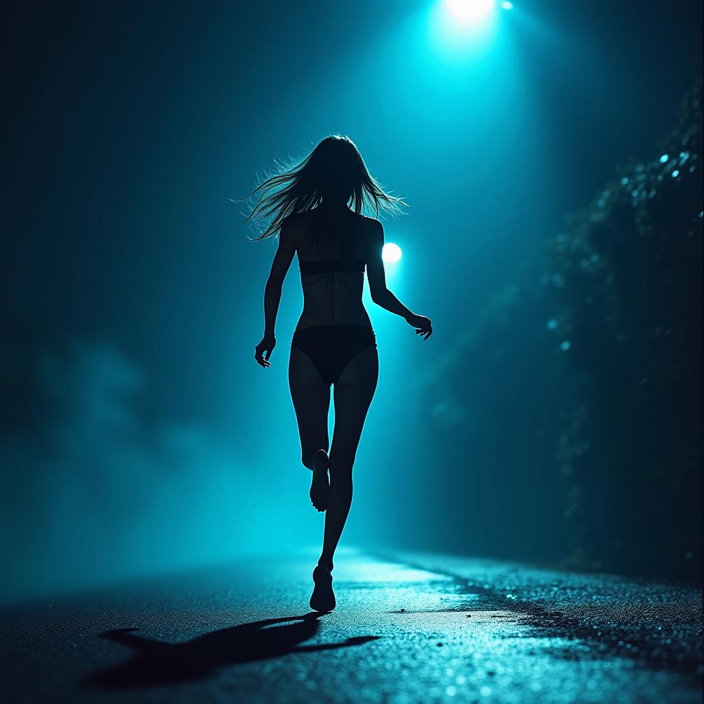 Tattoo concept of a very thin woman sprinting in the night, seen from the side, showcasing a haunting beauty under the glow of a street light with chilling blue shades.undefined
