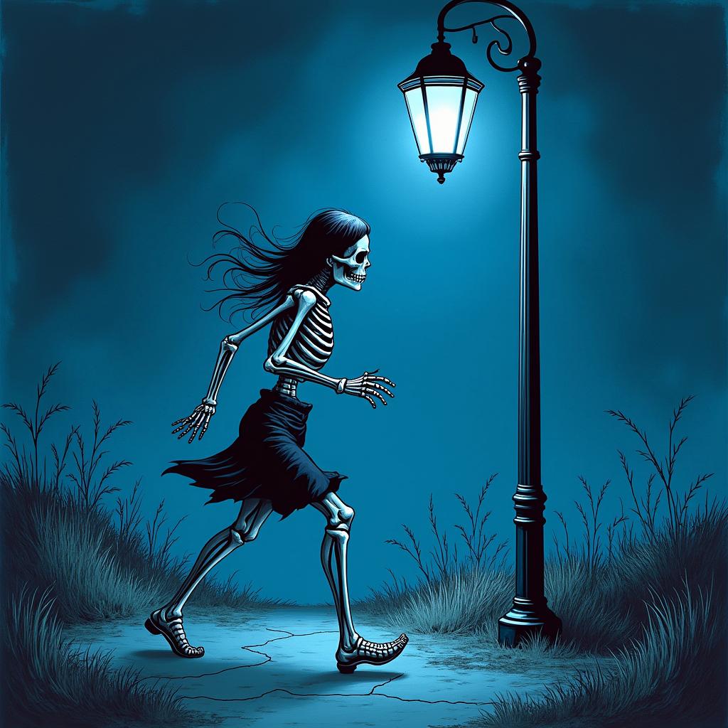 Tattoo illustration of a skeletal woman running at night beneath a lamppost, viewed side-on, capturing the haunting allure of the scene in cool blue hues.undefined