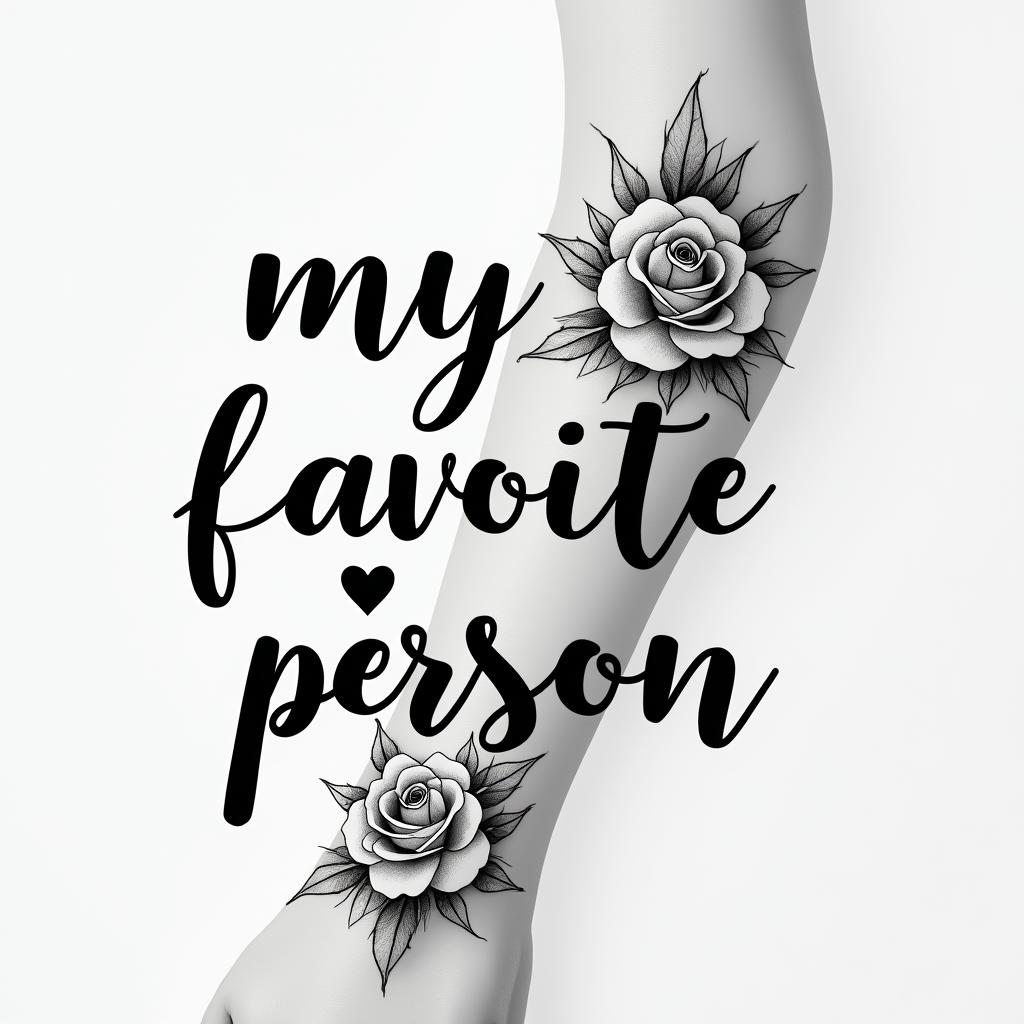 Words “my favorite personin elegant cursive calligraphy style 2d tattoo, decorate with roses, featuring a smooth and flowing handwritten script with slightly thickened strokes for a luxurious and bold appearance,  heart symbol between names,  sleek and glossy black text with shadowing, minimalist matte white background, clean and sharp edges, illuminated with soft lighting, romantic, 8k, high-quality textures with refined typography - Variation 18
