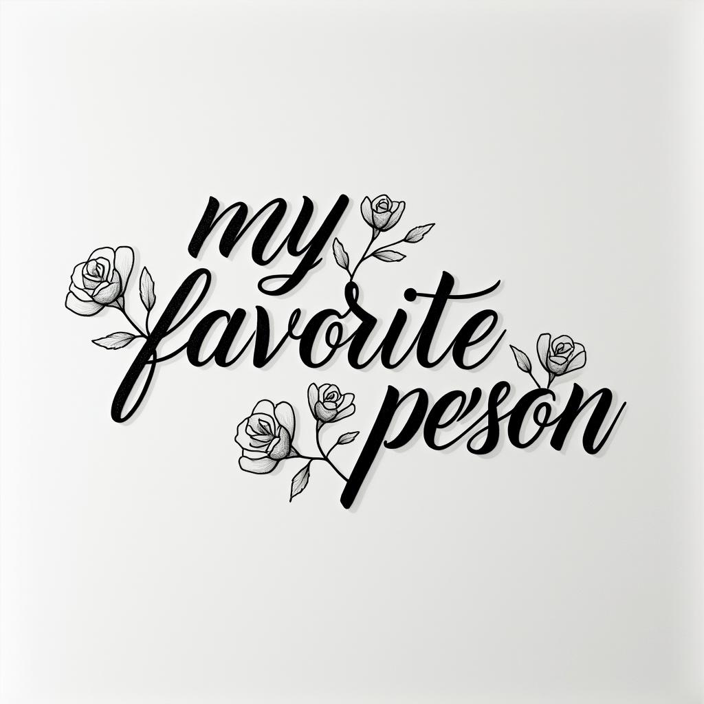 Words “my favorite personin elegant cursive calligraphy style 2d tattoo, decorate with roses, featuring a smooth and flowing handwritten script with slightly thickened strokes for a luxurious and bold appearance,  heart symbol between names,  sleek and glossy black text with shadowing, minimalist matte white background, clean and sharp edges, illuminated with soft lighting, romantic, 8k, high-quality textures with refined typography - Variation 19