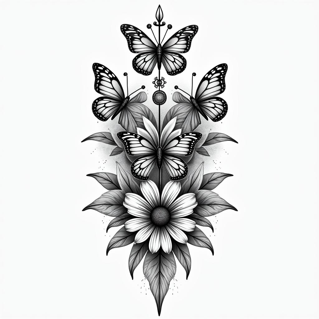 Flowers butterflies heartsin paganic style tattoo, featuring ancient symbols, add vegvisir symbol, mystical figures, incorporating designs, pentagrams, runes, crescent moons, - Variation 5