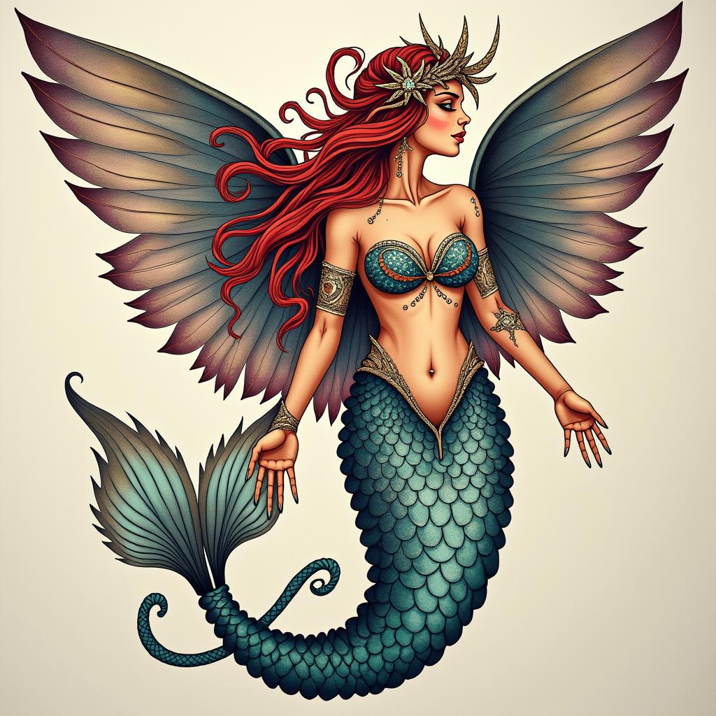 Mermaid Angelin bohemian style tattoo, 8k - Variation 4