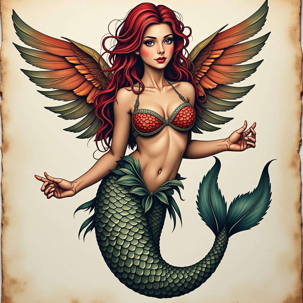 Mermaid Angelin bohemian style tattoo, 8k