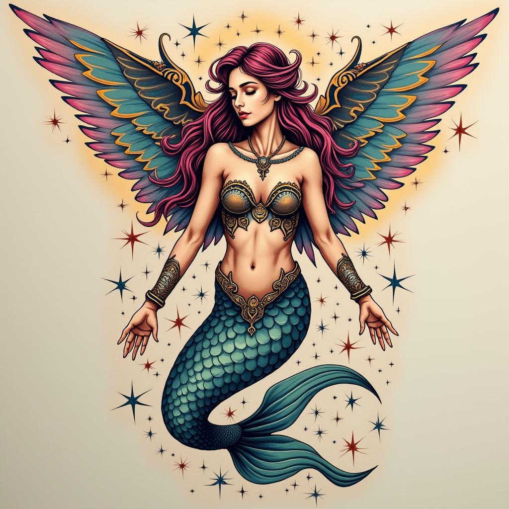 Mermaid Angelin bohemian style tattoo, 8k - Variation 3