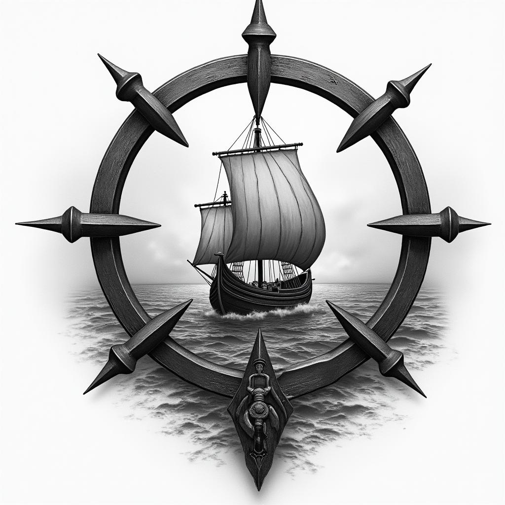 A Viking compass in black and grey shading, positioned above a stormy sea featuring a Viking longboat, symbolizing direction and adventure, capturing the essence of resilience and exploration in a dramatic and atmospheric style.higly detailed tattoo - Variation 3