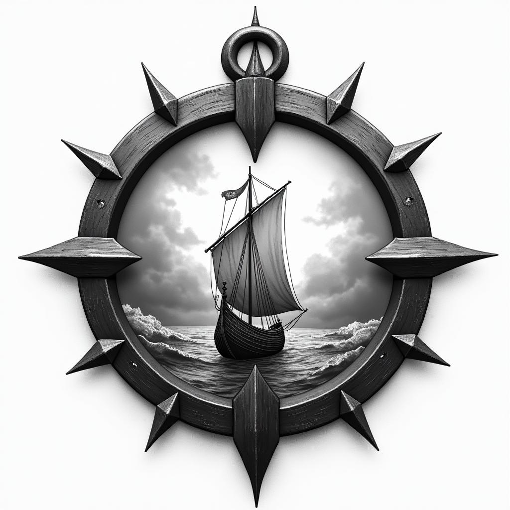 A Viking compass in black and grey shading, positioned above a stormy sea featuring a Viking longboat, symbolizing direction and adventure, capturing the essence of resilience and exploration in a dramatic and atmospheric style.higly detailed tattoo
