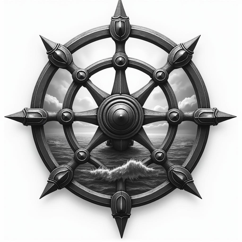 A Viking compass in black and grey shading, positioned above a stormy sea featuring a Viking longboat, symbolizing direction and adventure, capturing the essence of resilience and exploration in a dramatic and atmospheric style.higly detailed tattoo - Variation 4