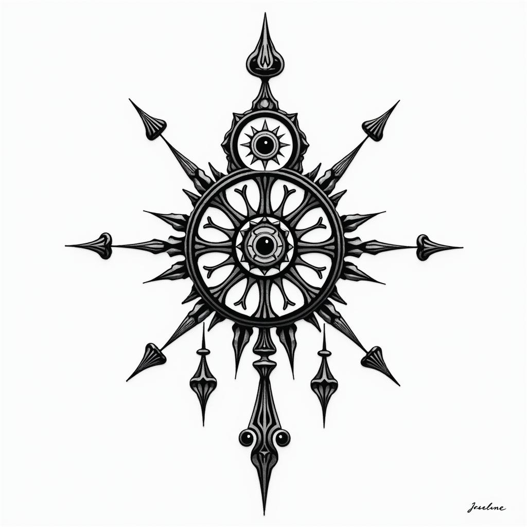 Joseline, Libra, Mexico,in spiritual symbols tattoo style, featuring an intricate design incorporating elements, Hamsa hand, third eye, minimalist composition