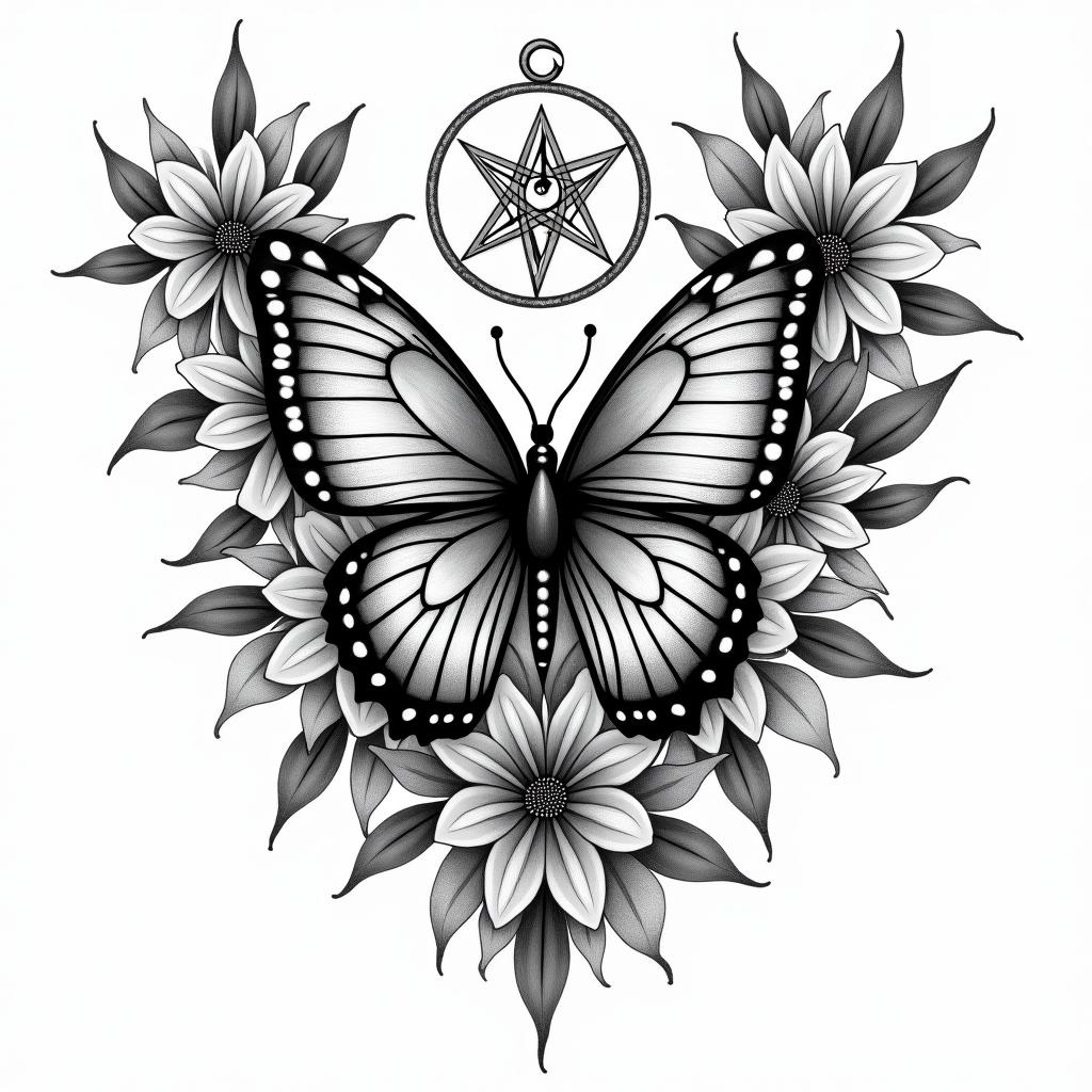 Flowers butterflies heartsin paganic style tattoo, featuring ancient symbols, add vegvisir symbol, mystical figures, incorporating designs, pentagrams, runes, crescent moons, - Variation 4