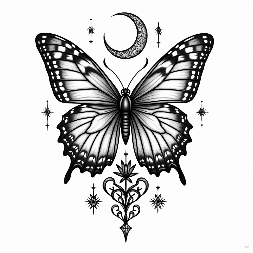 Flowers butterflies heartsin paganic style tattoo, featuring ancient symbols, add vegvisir symbol, mystical figures, incorporating designs, pentagrams, runes, crescent moons,