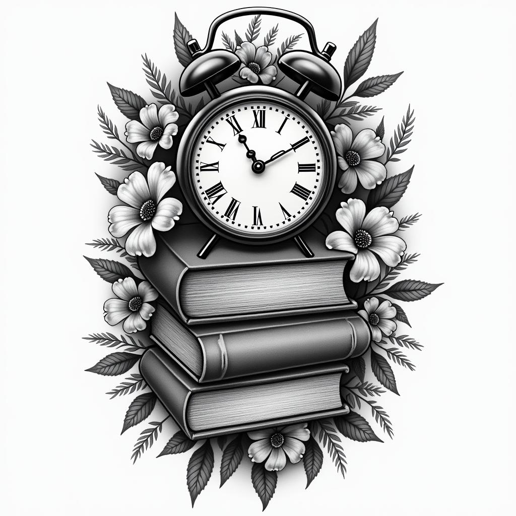 Floral background with books and clockshigly detailed tattoo - Variation 3