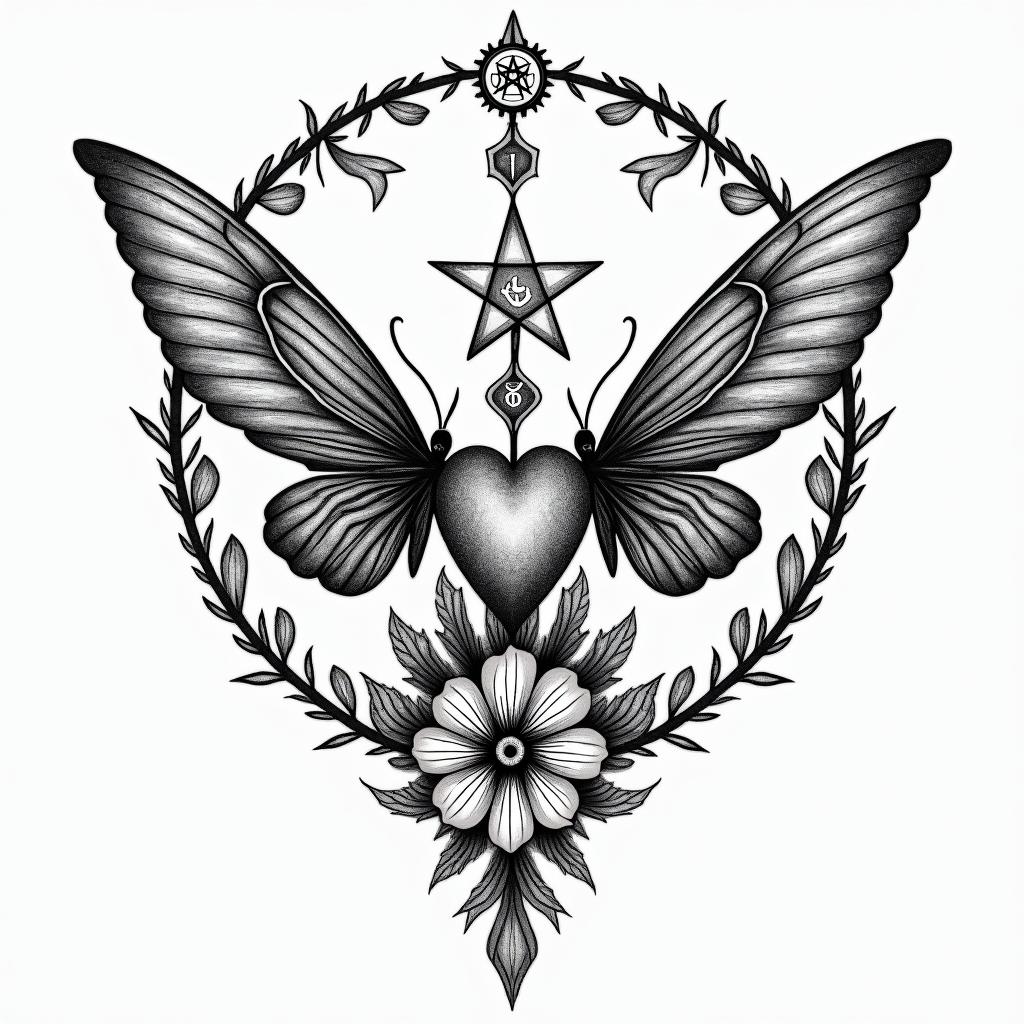 Flowers butterflies heartsin paganic style tattoo, featuring ancient symbols, add vegvisir symbol, mystical figures, incorporating designs, pentagrams, runes, crescent moons, - Variation 3