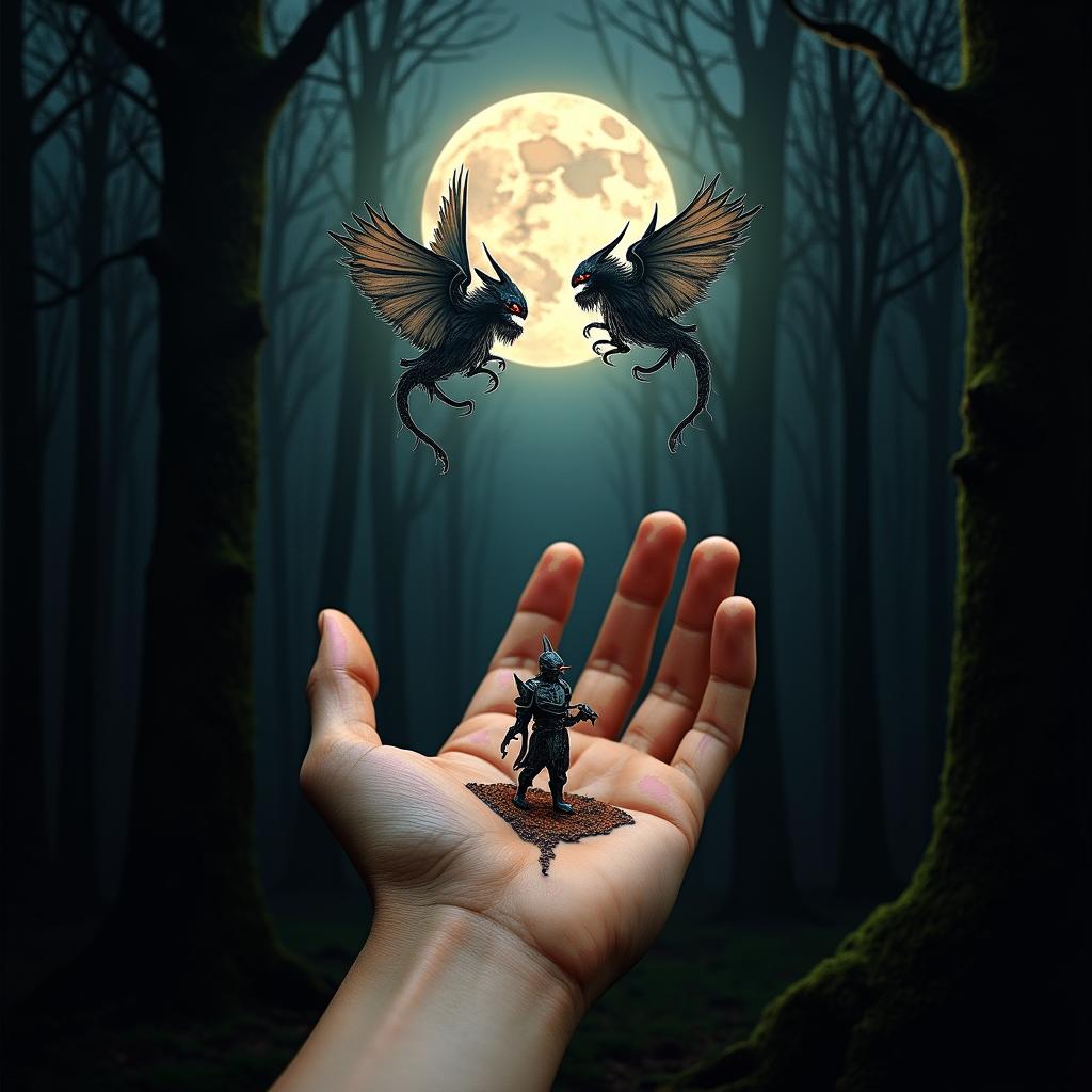 I want a full moon in the woods and out of it coming two floating demons ready to attack a campfire of people but between them stands a knight ready to defend themhigly detailed tattoo