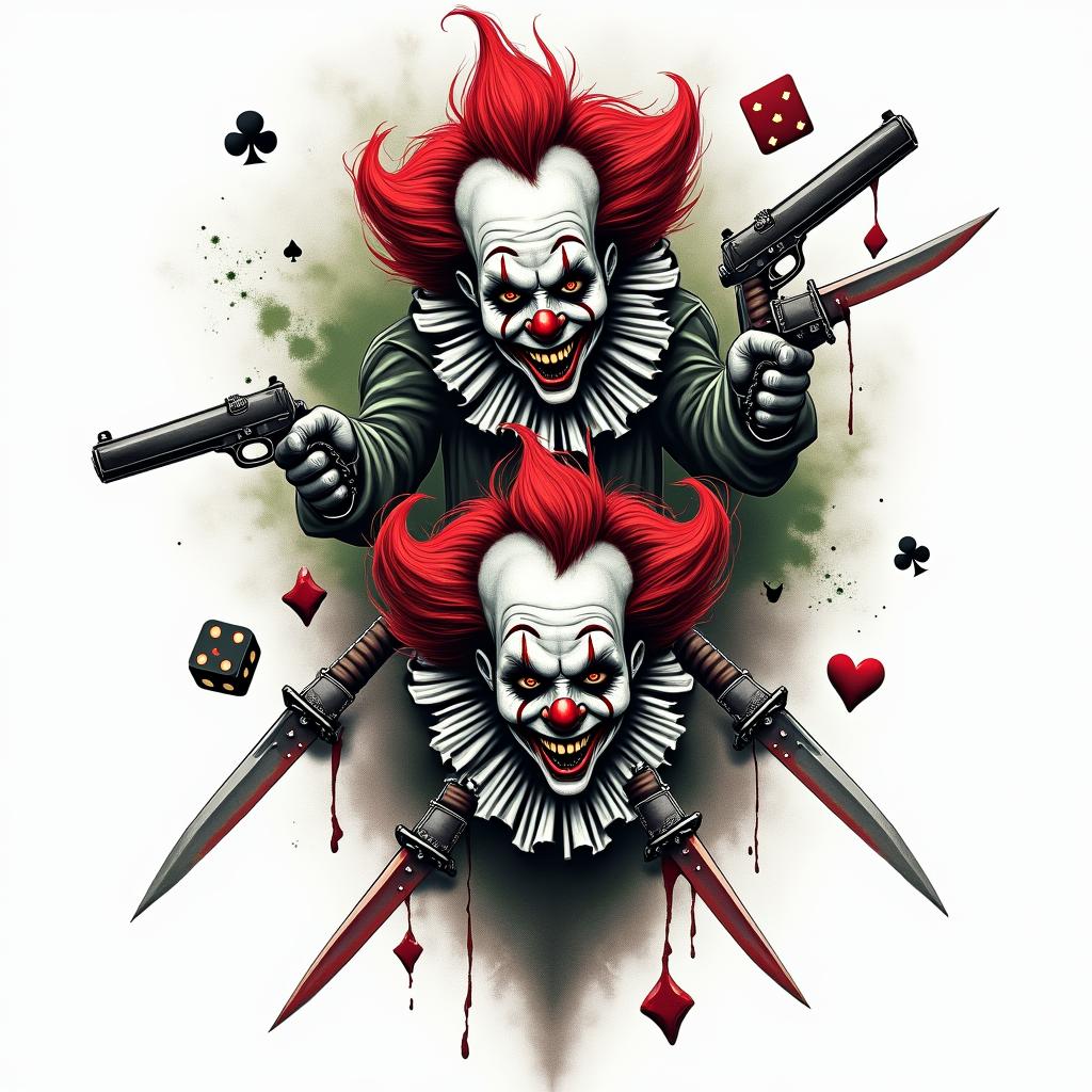 A chilling design featuring 2-3 scary killer clowns, wielding knives and guns, surrounded by playing cards and dice, all in a dark and twisted style, emphasizing vibrant colors like red and green for contrast, evoking feelings of fear and thrill.higly detailed tattoo - Variation 2